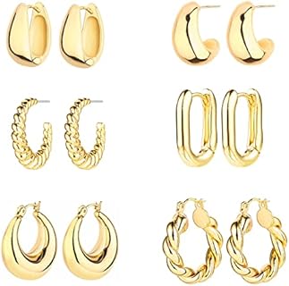 6 Pairs 14K Gold Hoop Earrings for Women Lightweight Chunky Hoop Earrings Multipack Hypoallergenic, Thick Open Twisted Huggie Hoops Earring Set Jewelry for Gifts.