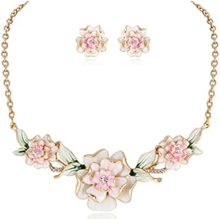 EVER FAITH Women's Austrian Crystal Enamel 3 Peony Flowers Necklace Earrings Set Gold-Tone