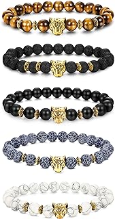Kimoyo Bead Bracelet with No-Clasp Type FIBO STEEL Lava Rock Stone for Men and Women, Leopard Head Design, 8MM Stone, 5 cm Length Adjustable, No Metal Type