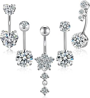 UHIBROS Belly Button Ring Set - Surgical Steel Navel Piercing with AAA+ Cubic Zirconia in Heart, Diamond & Flower Designs, Hypoallergenic, 14G Gauge
