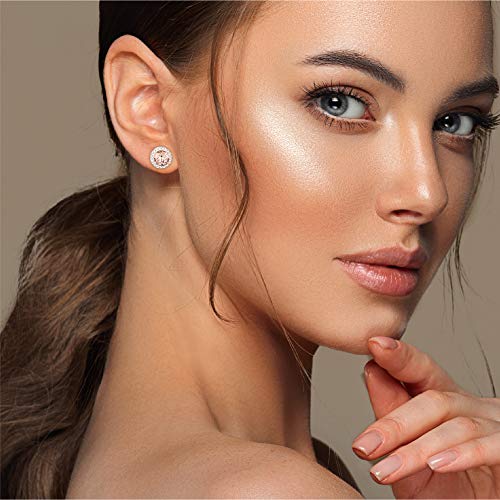 Women Rose Gold Plated Cubic Zirconia Simulated Morganite Halo Stud Earrings