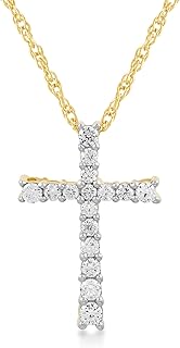 Jewelili Cross Pendant Necklace for Women in 10K Yellow Gold with 1/2 CTTW Natural White Round Diamonds | 18 inch Gold Filled Rope Chain