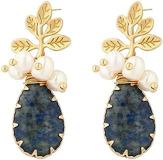 Fannifen Women's Copper Lapis Lazuli Dangle Earrings with La Pousette Back Finding & Natural Freshwater Pearl Design