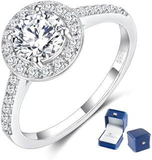 Brilliant Earth Moissanite Engagement Ring,1CT D Color VVS1 Clarity Halo Round Cut Lab Diamond set in Sterling Silver with 18K White Gold Plating, Size 5 - Ideal Promise Ring for Women