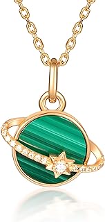 Stellar Gold-Plated Silver Necklace with Green Malachite Stone and Saturn Pendant