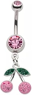 Pierced Owl 14GA 316L Stainless Steel CZ Crystal Pink Cherry Dangling Belly Button Ring