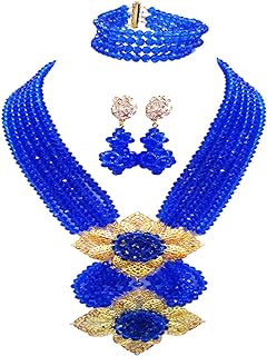 Nigerian Glass Crystal Beads Necklace - Blue: Alloy-Set, Toggle Clasp, Ideal for Weddings and Parties