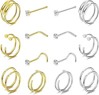 Subiceto 20-Piece Stainless Steel Cubic Zirconia Double Stud Nose Piercing with Double Hooped Design