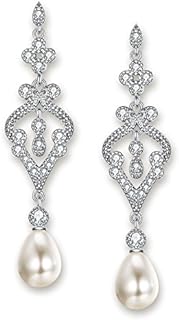 EVER FAITH 925 Sterling Silver CZ Freshwater Cultured Pearl Vintage Teardrop Chandelier Dangle Wedding Earrings for Women