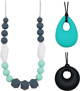 Flyaway Silicone Teething Bead Necklace in Gray/Mint Green/Turquoise/White for Baby & Mom with BPA-free, Safe Chew Toy for SPD ADHD Anxiety Nursing, Sensory Development & Comfort