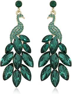 Boucles d'oreilles élégantes en plume de paon pour femmes et filles avec cristaux verts plaqués, taille moyenne 6.8*2.6 cm, parfaites pour Noël et autres occasions spéciales