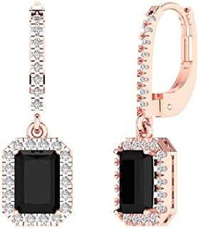 5.8 ct Brilliant Emerald Cut Halo Drop Dangle Natural Onyx 14k Rose Gold Designer Earrings Lever Back