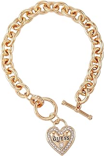 GUESS Goldtone Dangle Logo Heart Charm Chain Toggle Bracelet