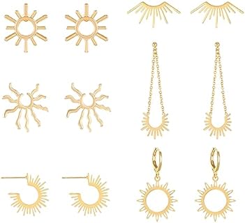 Pack of 6 Pairs Summer Beach Boho Sun Earrings for Women Girls Gold Plated Vintage Sunshine Shaped Stud Dangle Earrings Trendy Set Jewelry Gifts for Her