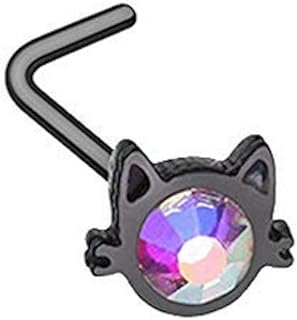 Amelia's 20G Auroral Black Cubic Zirconia Cat Face L-Shape Nose Stud in 316L Stainless Steel