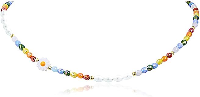 Elegant Pearl Choker with Trendy Beaded Design - 14K Gold Plated, Brass, Adjustable Necklace for Women and Teens - Daisy Dainty, Y2K Aesthetic, No Gemstone