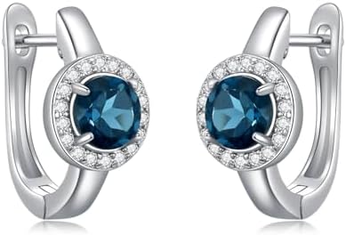Sterling Silver Natural London Blue Topaz Hoop Earrings for Women, 2.4 inches Round Cut Halo Design, Perfect Gift for Her