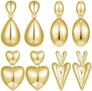 4 Pairs Gold/Silver/Rose Gold Dangle Earrings Set for Women, Hypoallergenic Lightweight 14K Gold Waterdrop Heart Geometric Drop Earrings Pack Fashion Jewelry Gift