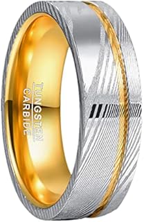 Durable Damascus Steel Wedding Band for Men with Gold Groove Detail - Classic Comfort Fit Design