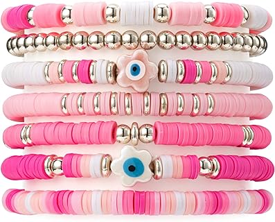 Heishi Preppy Bracelets, Girls Fashion, y2k Kawaii Stuff, Bohemian Beaded Charm Stackable Bracelet Set, Aesthetic Jewelry,Gifts for Teen Girls and Women