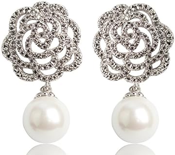 Women's Designer Dangle Pearl Earrings with Push Back Closure in Camellia Flower Design