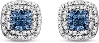 Jewelili 1/4 CTTW Diamond Stud Earrings in Sterling Silver. Choose from Heart, Cushion, or Round shape and Black, Blue, or White Diamonds.