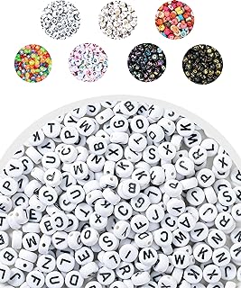 300 Pieces 4x7mm Round Letter Beads Kit, A-Z Mixed Alphabet Beads for Bracelets and Jewelry Making(Black Letter White Bead)