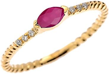 10k Yellow Gold Dainty Diamond and Marquise Ruby Rope Design Stackable/Proposal Ring