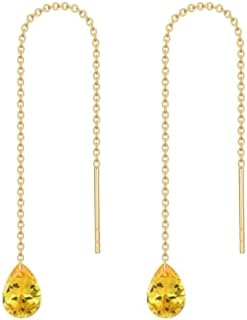 14K Solid Gold Gemstone Threader Earrings for Women,Real Gold Birthstone Chain Drop Dangle Pull Through Earrings Jewelry Gifts for Her Mom Wife Girlfriend Christmas Birthday Mother's Day