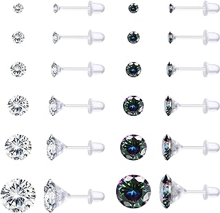 Push-Back Clear Plastic Stud Earrings with Cubic Zirconia for Women - Hypoallergenic, Allergy-Safe, 12-Pair Pack with Varied Sizes by LOLIAS