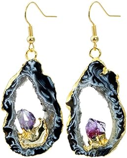 SUNYIK Gold Plated Women's Dangle Earrings - Natural Agate Geode & Amethyst Quartz Crystals - French Wire Back Finding - Raw Organic Design
