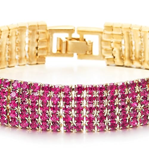 Sparkling Red Purple Crystal Rhinestones Cluster Wide Gold Color Bangle Bracelet for Womens