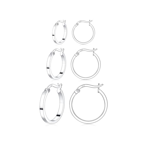 3 Pairs 925 Sterling Silver Hoop Earrings for Women 14K White Gold Plated Silver Hoop Earrings Hypoallergenic Small Silver Hoop Earrings for Men Girls 13/15/20mm