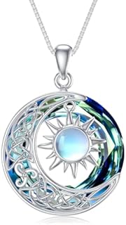 Women's Sun and Moon Celtic Necklace - 925 Sterling Silver, Crystal Moonstone, Rolo Chain Design - Elegant Jewelry Gift for Females
