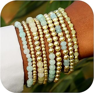 9PCS Gold Bracelets for Women Heart Stone Beaded Bracelets Gold Stretch Bracelets for Women 14K Real Gold Plated Stackable Bead Ball Bracelet Set