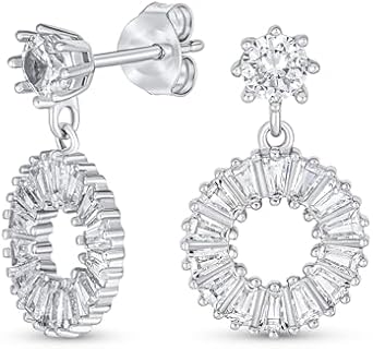 Elegant Geometric CZ Round Open Circle Dangle Drop Stud Earrings in Rose, Yellow Gold or Silver Plated in Brass or .925 Sterling Silver Baguette Cubic Zirconia for Bridals Women Secure Lever Back