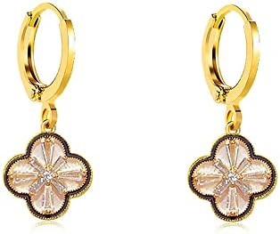 Lever-Back Clover Hoop Earrings with Cubic Zirconia for Women and Girls - Gold-Plated Copper, Tiny Huggie Dangle Design