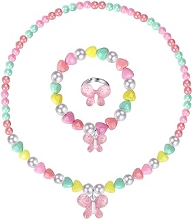 Girls' Glitter Butterfly Bead Jewelry Set with Lobster Clasp - Necklace, Bracelet and Ring Accessory Play Set for Ages 3+ - Ideal Birthday Gift