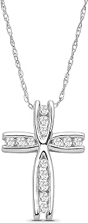 10K White Gold Spring Ring Clasp Diamond Cross Pendant Necklace with Silver Rope Chain, for Her, Traditional Design