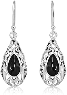AeraVida Classic Vintage Black Onyx Filigree Teardrop .925 Silver Earrings, 0.43x1.46 inch | Vintage Earrings for Women | Elegant Black Earrings