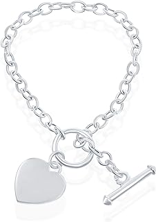 Sterling Silver Italian 7.5" Engravable Heart Charm Toggle Bracelet