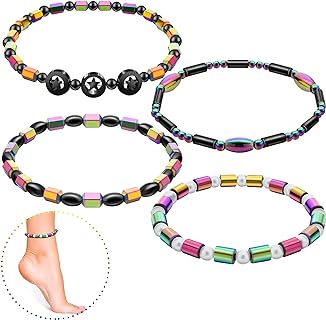Junkin 4 Pieces Magnetic Hematite Anklets Bracelet Energy Anklets for Women Men Adjustable Magnetic Slim Hematite Pain Anxiety Relief Anti Swelling Anklets