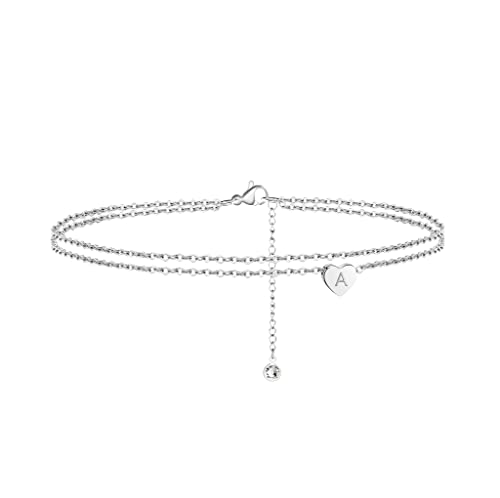 Silver Heart Initial Ankle Bracelets for Women, 14K White Gold Filled Handmade Dainty Layered Silver Anklet Letter Initial Heart Ankle Bracelets for Women Silver Summer Foot Beach Jewelry