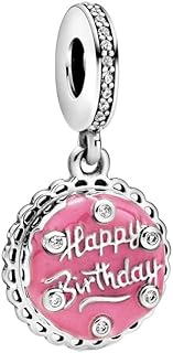 Pandora Pink Birthday Charm Bracelet with Sterling Silver Chain & Cubic Zirconia Gems for Women, Birthday Cake Design