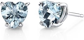 14K White Gold Push-Back Aquamarine Heart Stud Earrings for Women, Elegant Genuine Gemstone Design