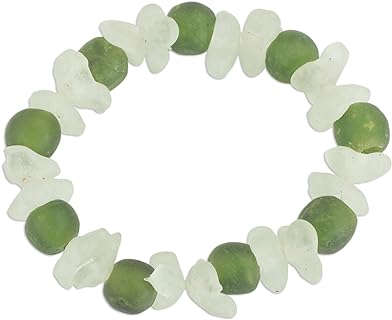 NOVICA Hand-Crafted Bead Chain Eco-Friendly Bracelet from Ghana with Recycled Glass Beads in Green and White for Unisex, Artisan Design