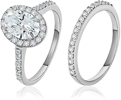 SEA OF ICE Sterling Silver 8x6mm Oval Shape CZ Cubic Zirconia Halo Anniversary Wedding Band Engagement Ring Bridal Set, Sizes 5 to 10 – Elegant Sterling Silver Rings for Women