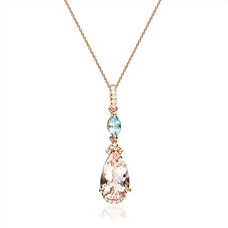 Stunning Gin & Grace 10K Rose Gold Pendant Necklace with Genuine Morganite, Aquamarine Gems and Natural Diamond Accents, Spring Ring Clasp & Wheat Chain, Perfect for Women, Classic Design