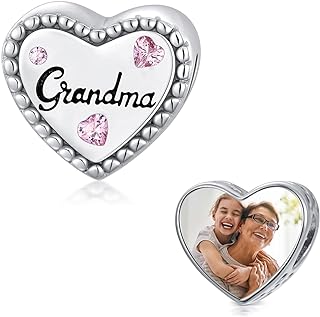 LONAGO Mom/Daughter/Sister/Grandma/Dad/Wife/Friend/Auntie Charm Personalized Photo Picture Charm Heart Bead Sterling Silver Fit Snake Bracelet Customized Image Jewelry Mother's Day Gift