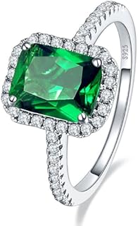 3.6ct 8x6mm Created Green Simulated Emerald Rings 925 Sterling Silver Engagement Ring for Women May Birthstone Rings Paved Cubic Zirconia Wedding Rings Size 5-10